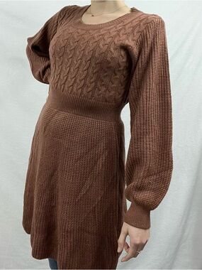 SHEIN Rust Brown Cable Knit Long Sleeve Dress